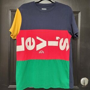 Levi's Tee Striped Multi Color Block Spellout Medium T-Shirt Cotton Polyester